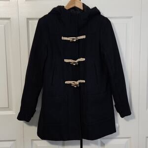 American Eagle Women's Black Wool Blend Duffle Coat Size Med Zip Toggles Hood